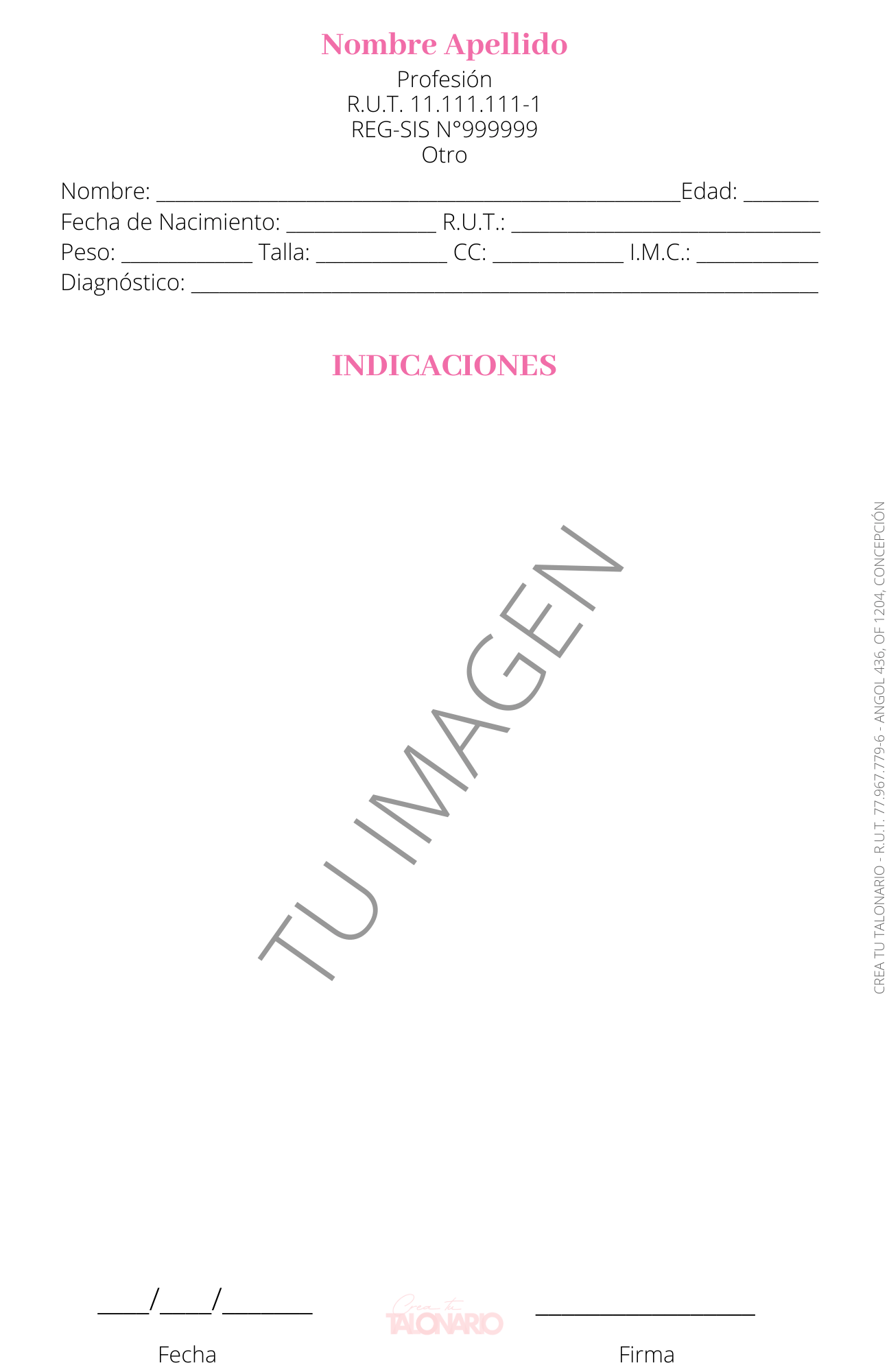 Talonario para Nutricionista personalizado - 100 hojas