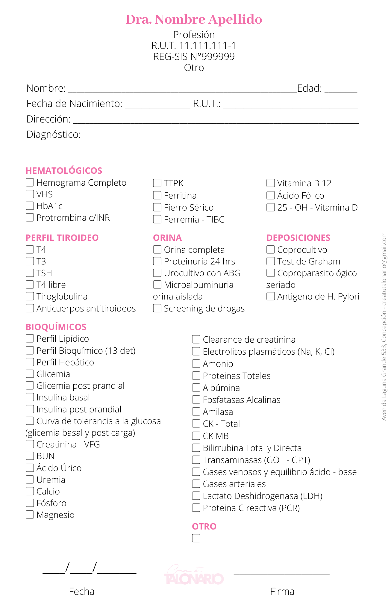 Talonario para Nutricionista personalizado - 100 hojas