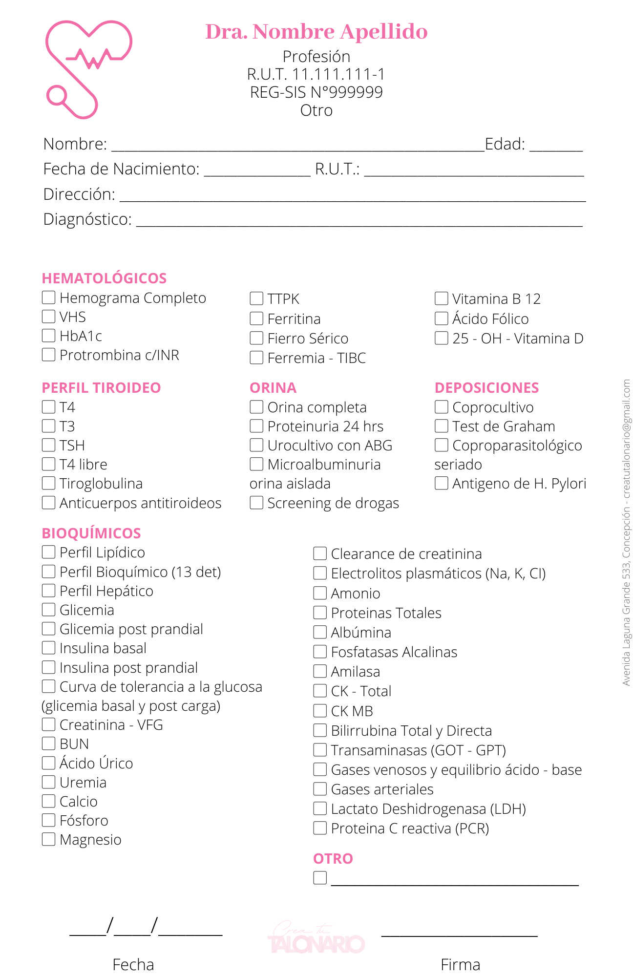 Talonario para Nutricionista personalizado - 100 hojas