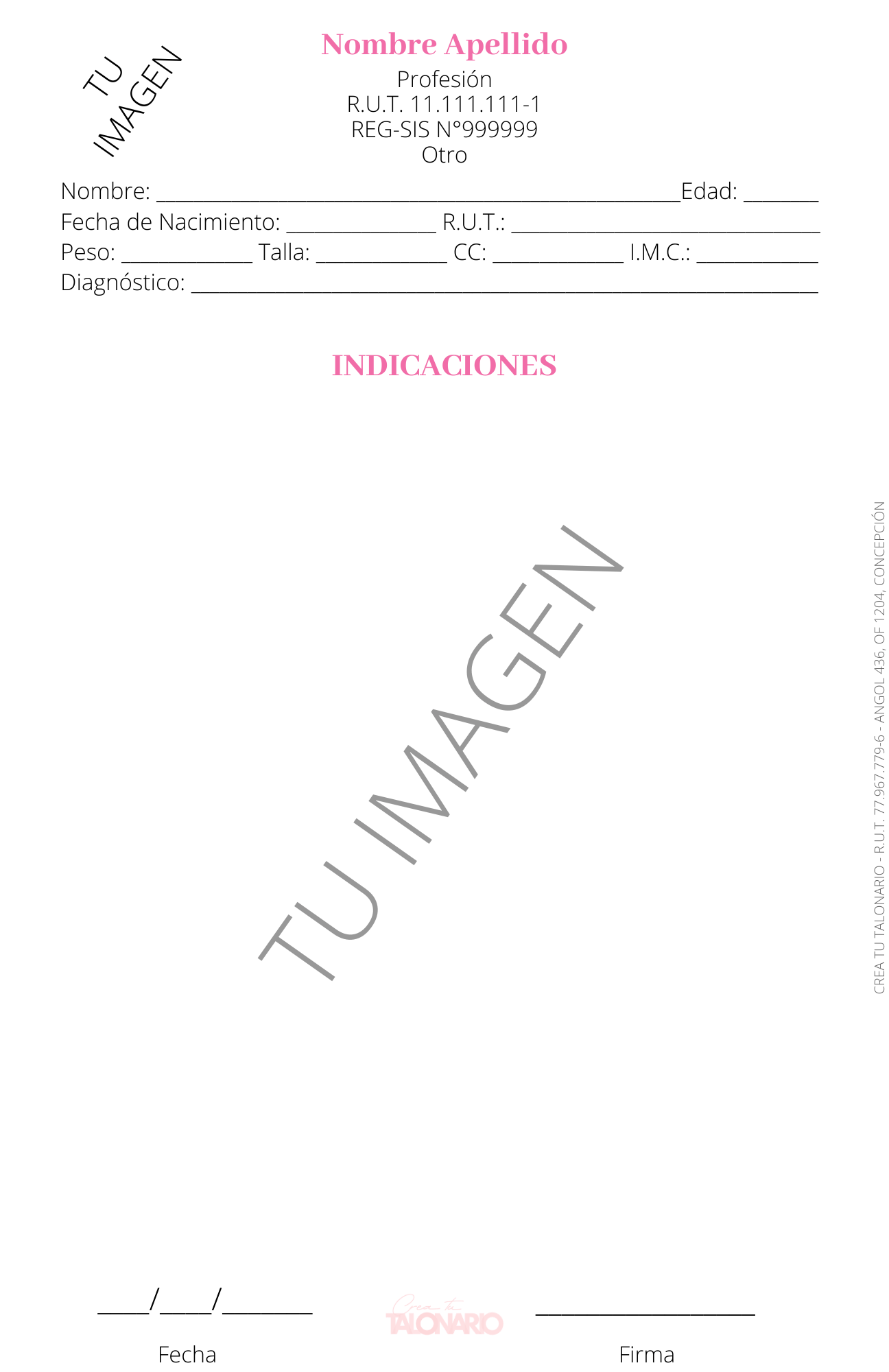 Talonario para Nutricionista personalizado - 100 hojas