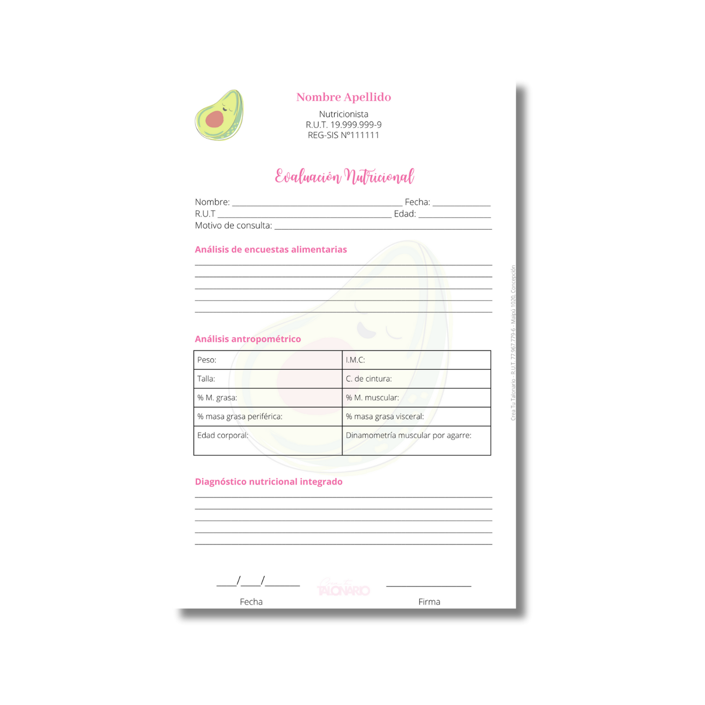 Talonario para nutricionistas diseño predeterminado - 100 hojas