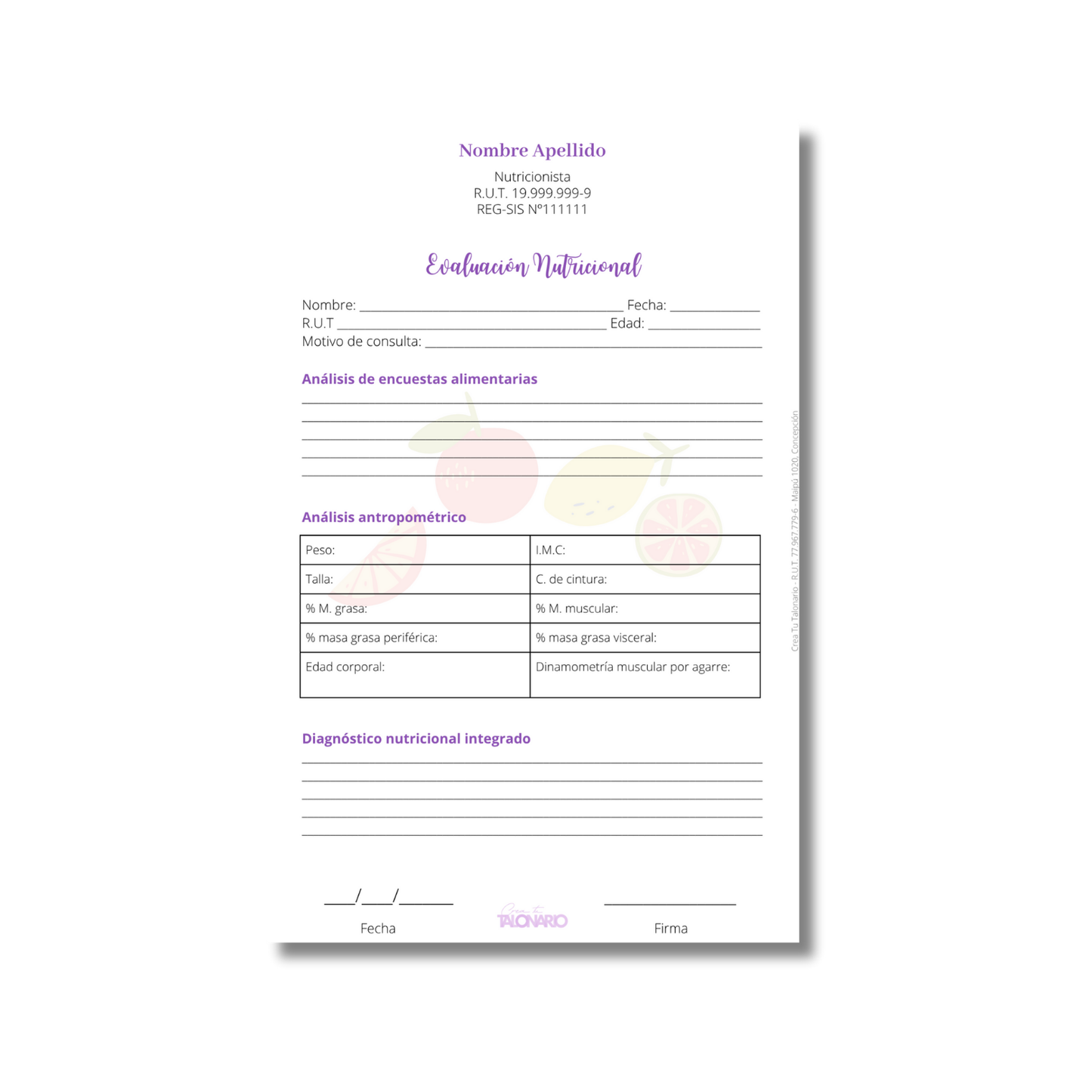 Talonario para nutricionistas diseño predeterminado - 100 hojas