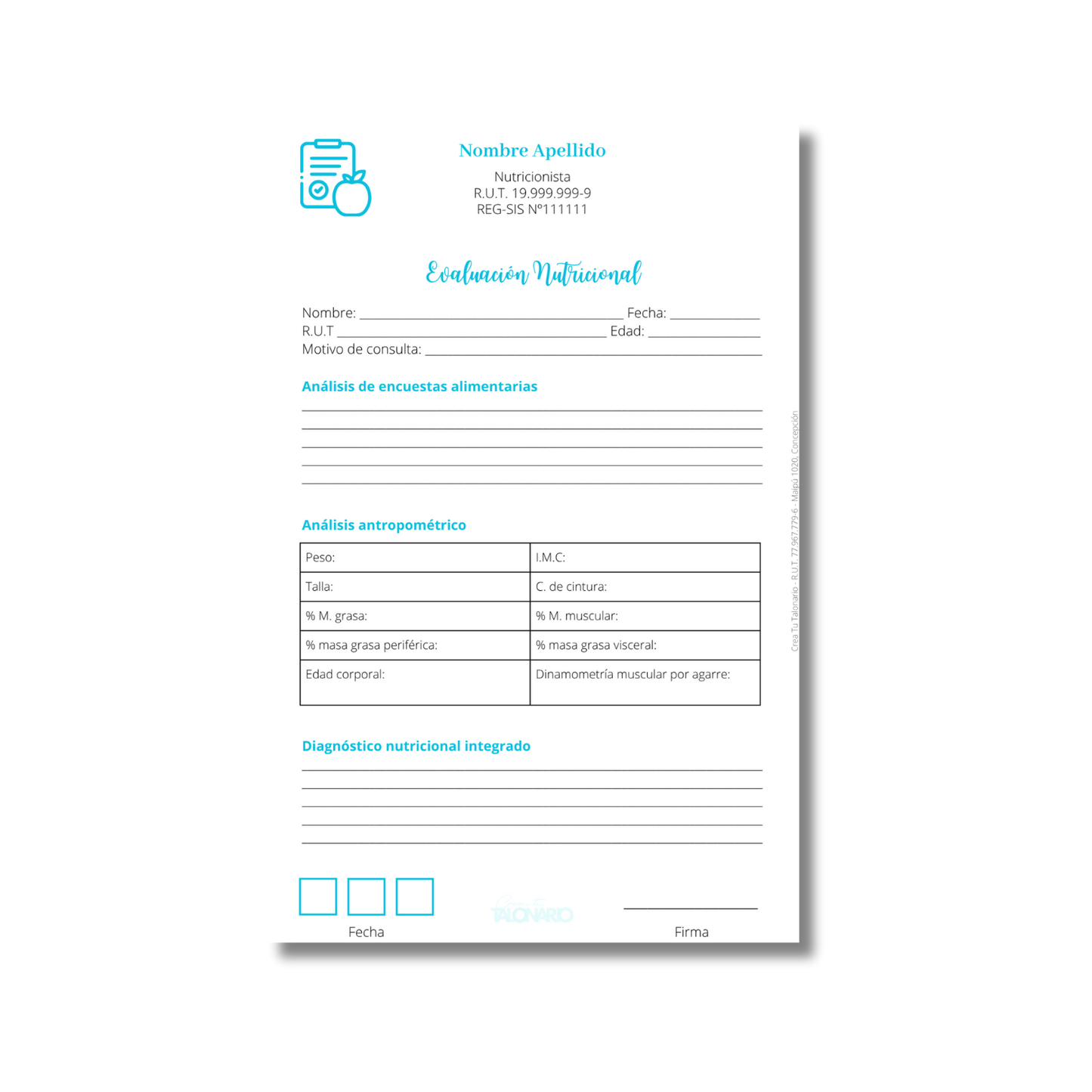 Talonario para nutricionistas diseño predeterminado - 100 hojas
