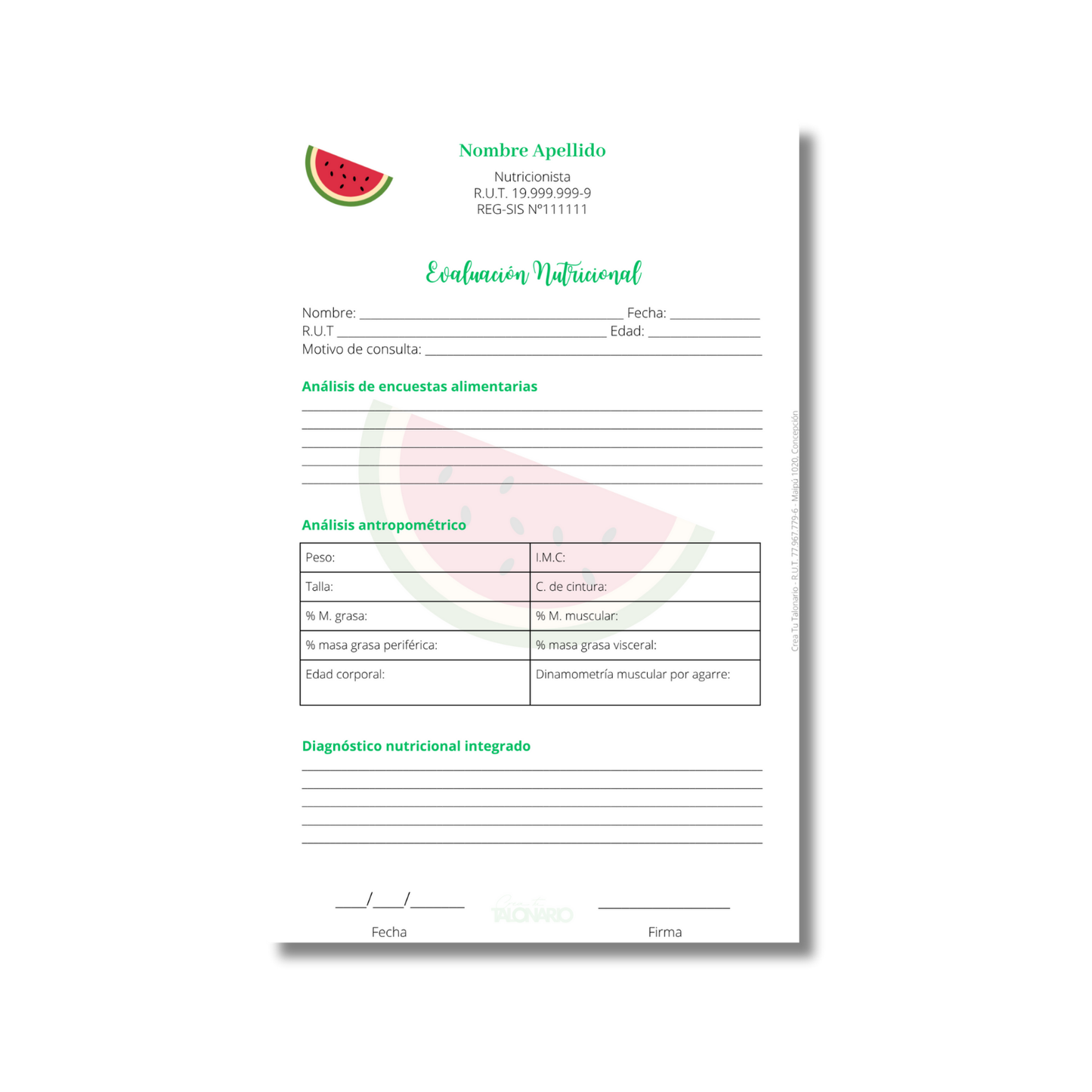 Talonario para nutricionistas diseño predeterminado - 100 hojas