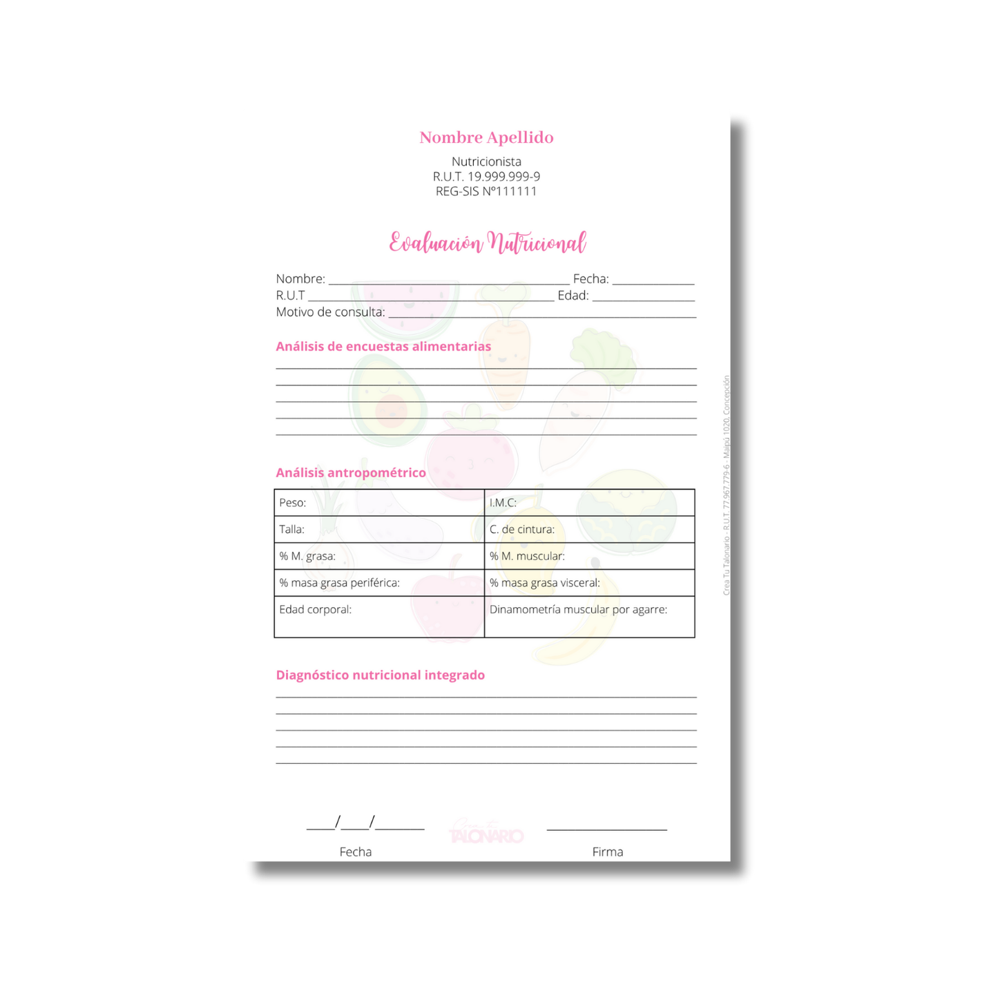 Talonario para nutricionistas diseño predeterminado - 100 hojas