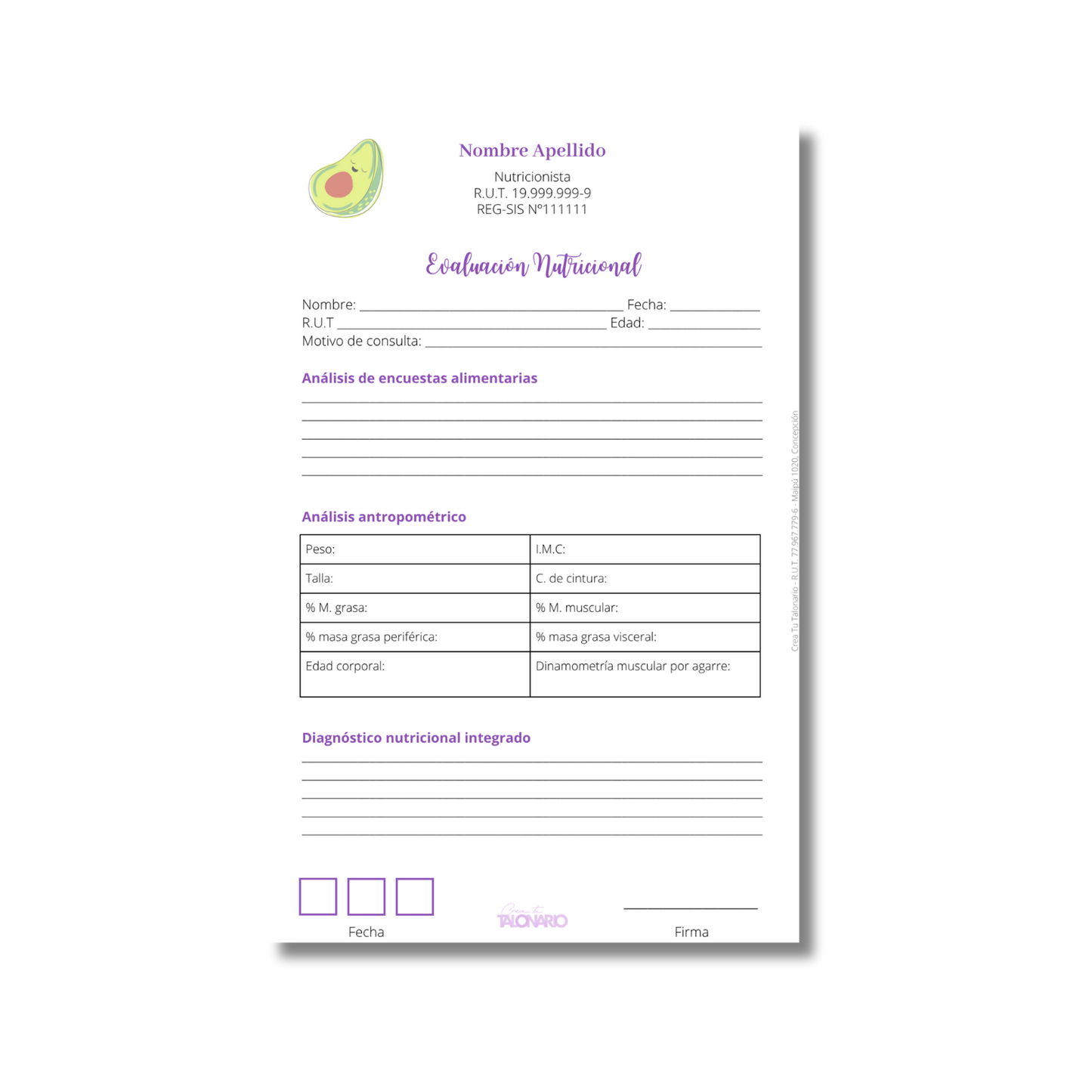 Talonario para nutricionistas diseño predeterminado - 100 hojas