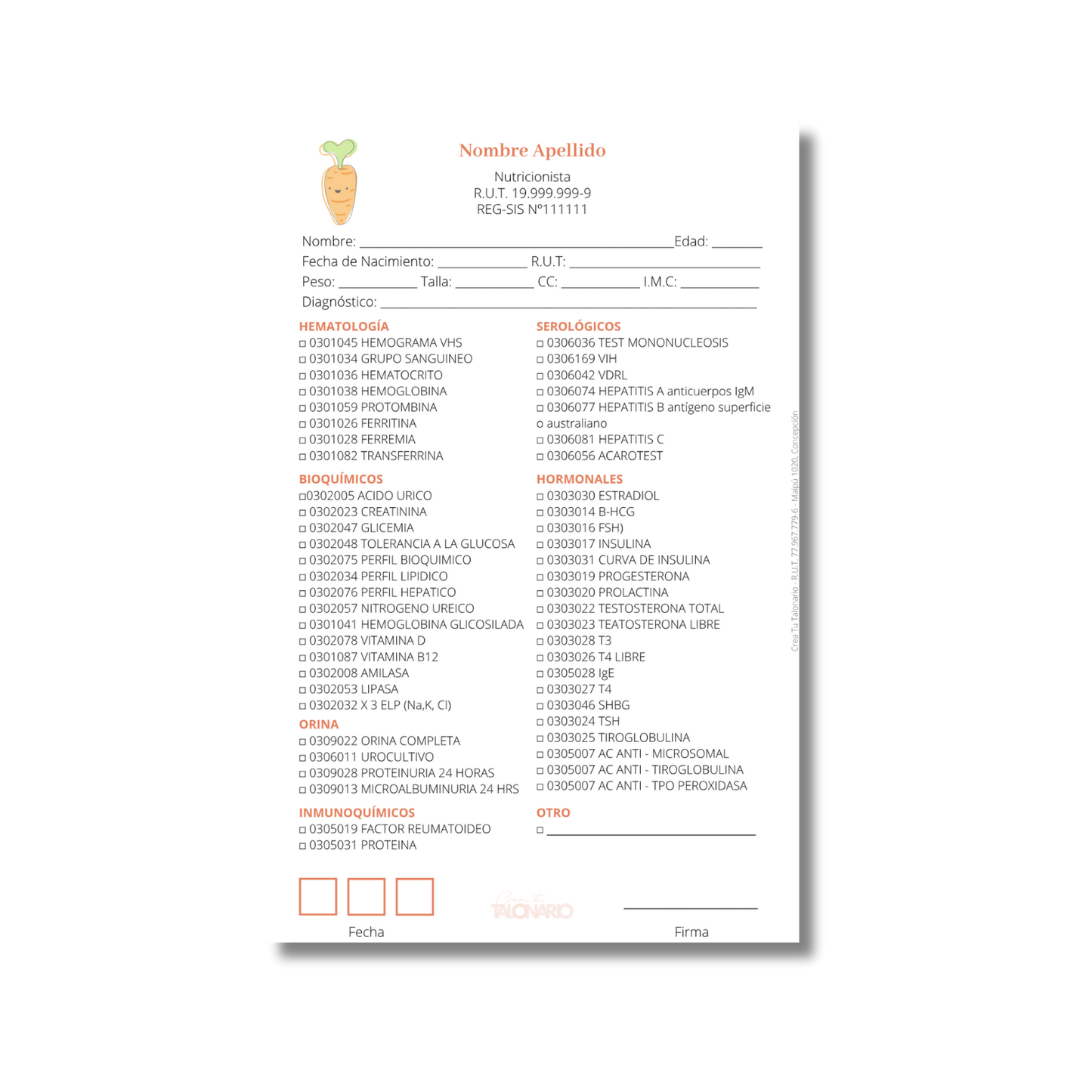 Talonario para nutricionistas diseño predeterminado - 100 hojas