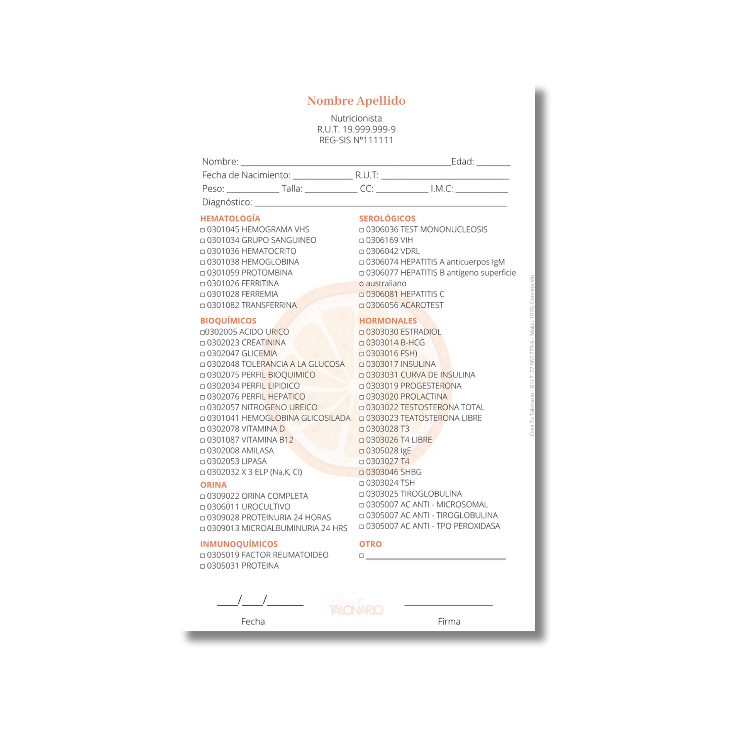 Talonario para nutricionistas diseño predeterminado - 100 hojas