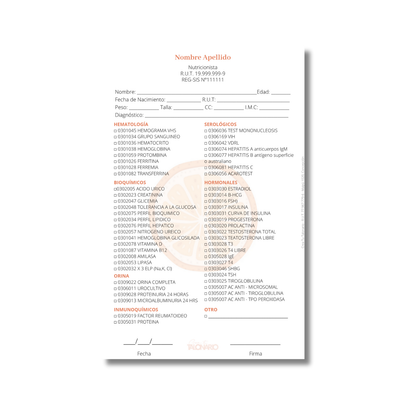 Talonario para nutricionistas diseño predeterminado - 100 hojas