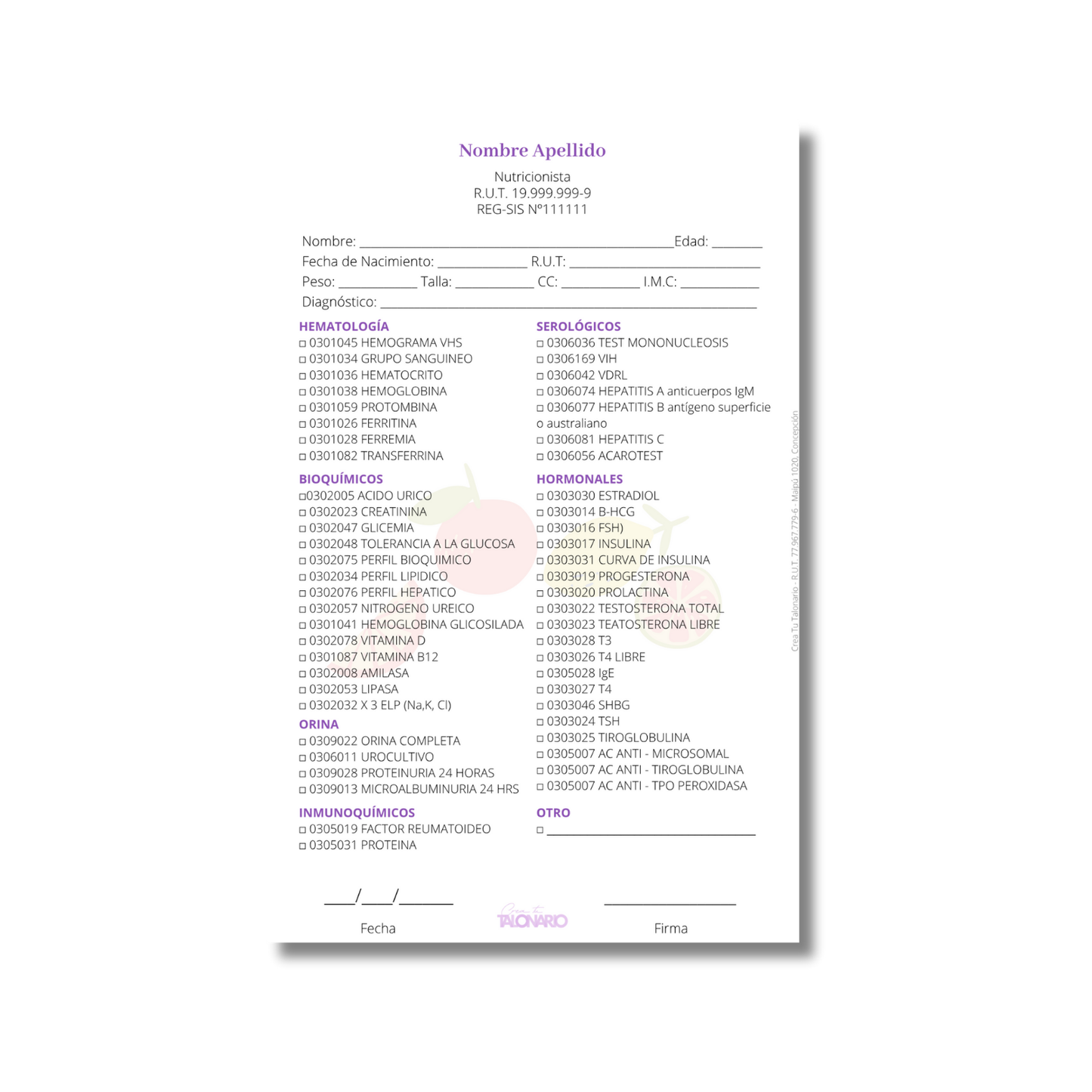 Talonario para nutricionistas diseño predeterminado - 100 hojas