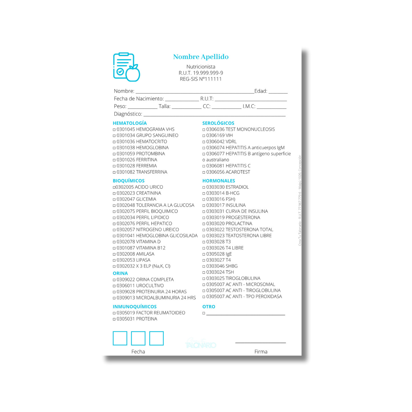 Talonario para nutricionistas diseño predeterminado - 100 hojas