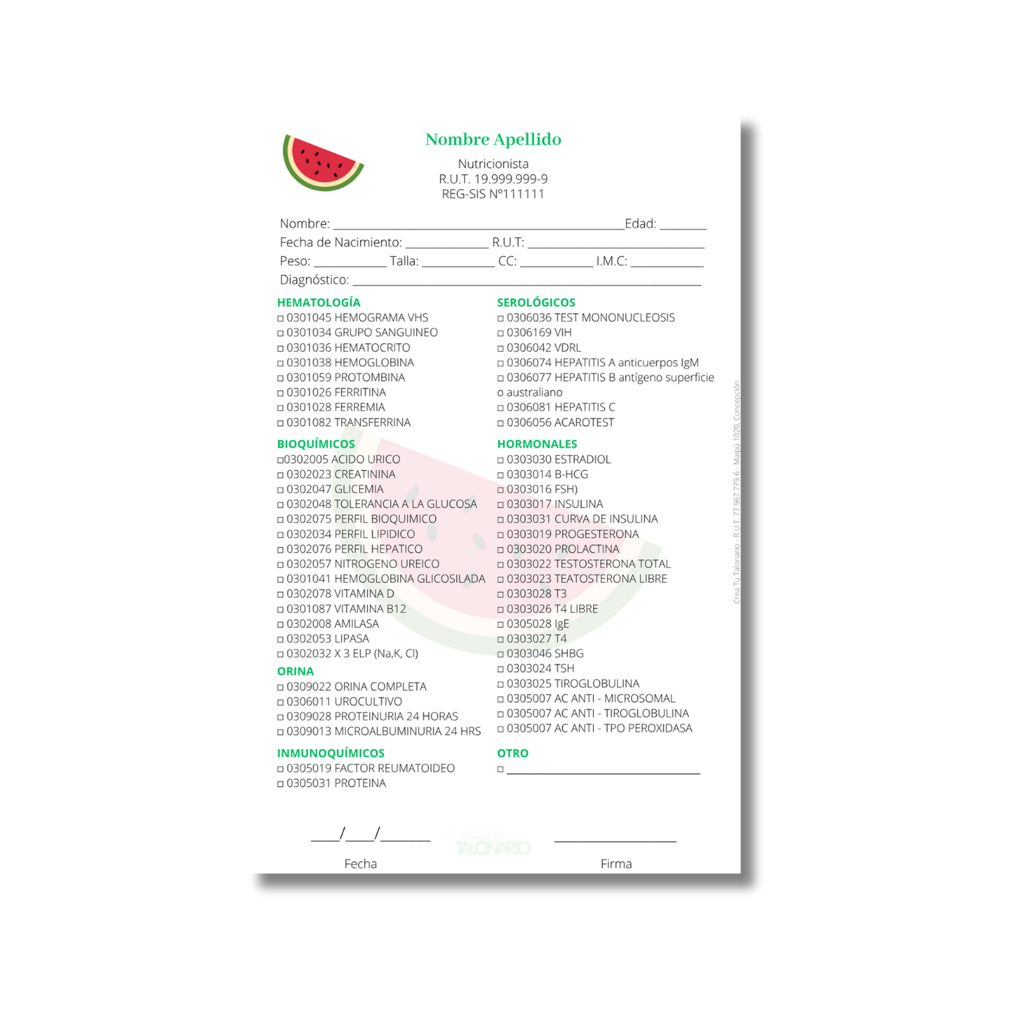 Talonario para nutricionistas diseño predeterminado - 100 hojas