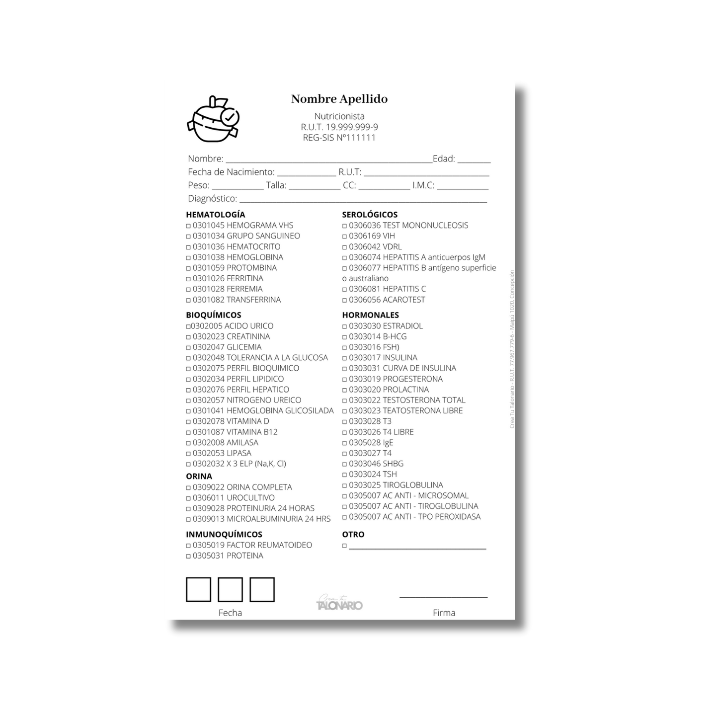 Talonario para nutricionistas diseño predeterminado - 100 hojas