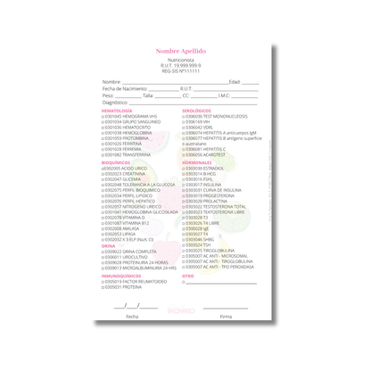 Talonario para nutricionistas diseño predeterminado - 100 hojas