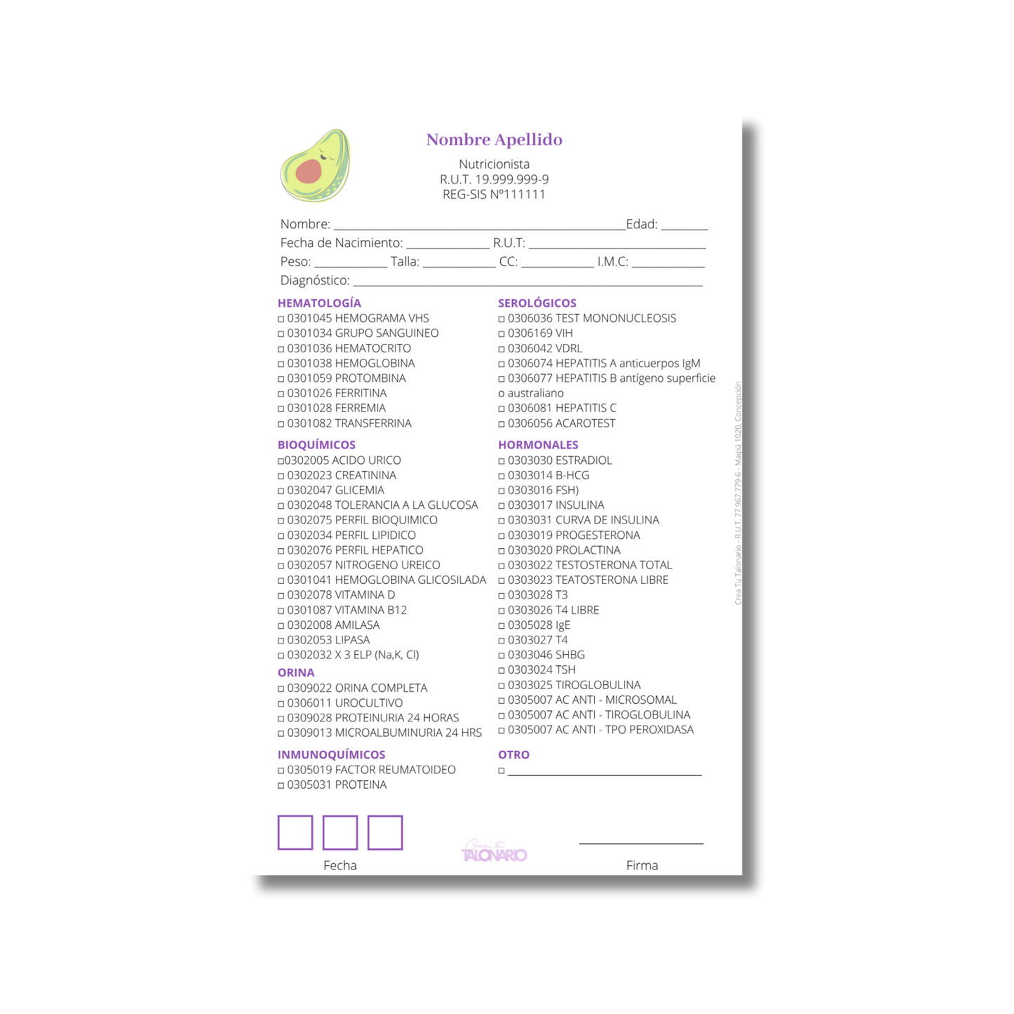 Talonario para nutricionistas diseño predeterminado - 100 hojas