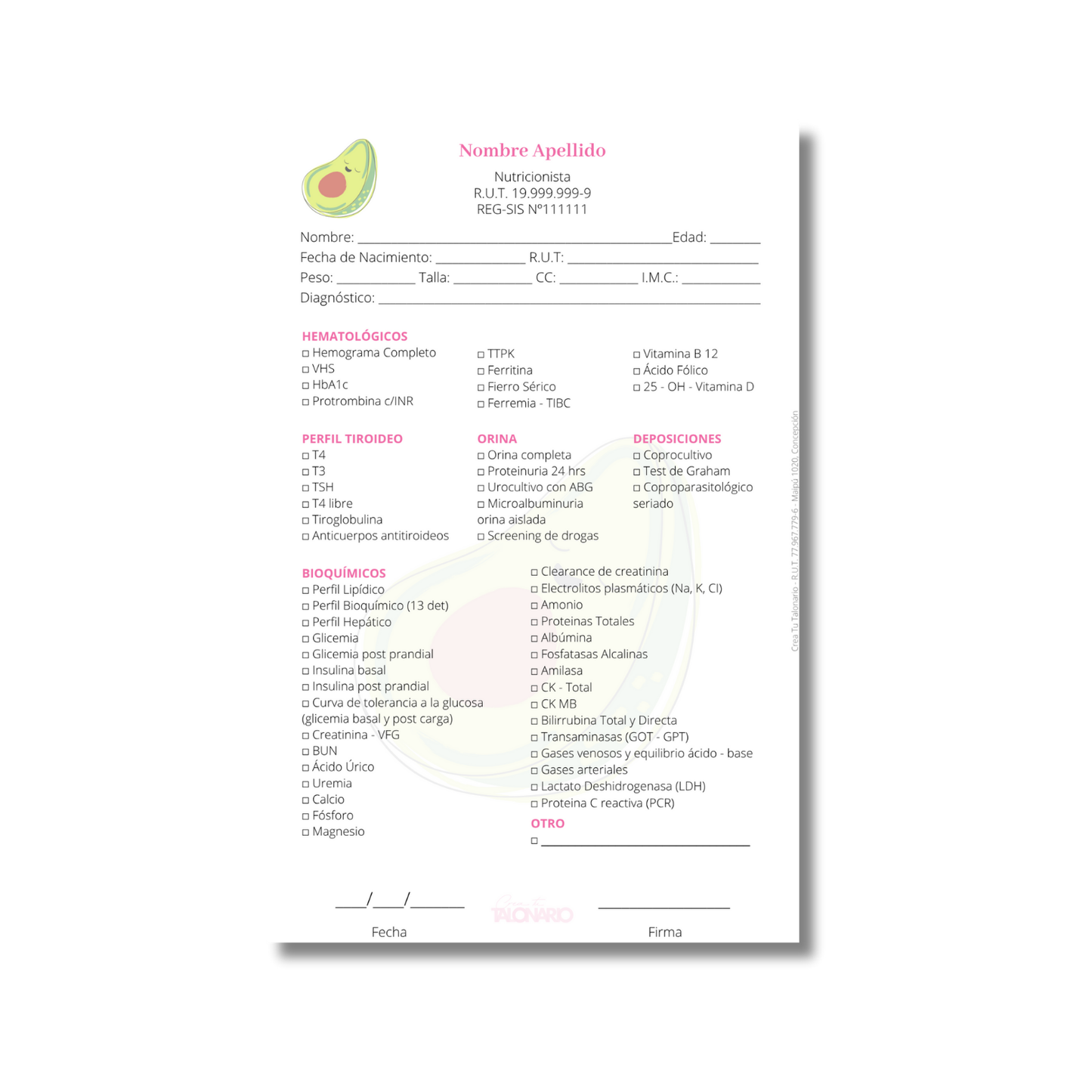 Talonario para nutricionistas diseño predeterminado - 100 hojas