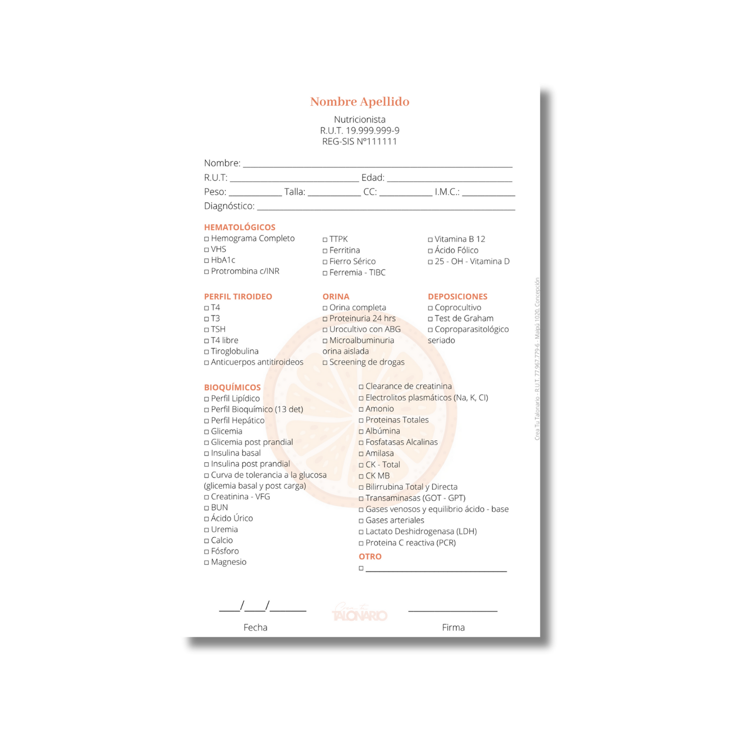 Talonario para nutricionistas diseño predeterminado - 100 hojas