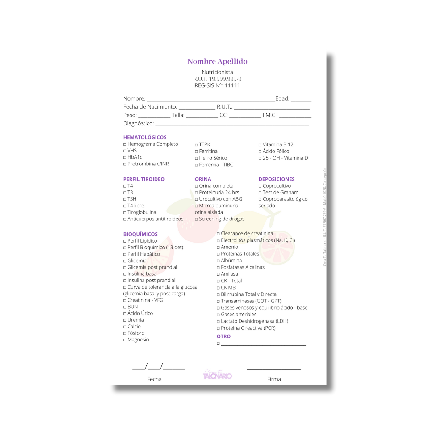 Talonario para nutricionistas diseño predeterminado - 100 hojas