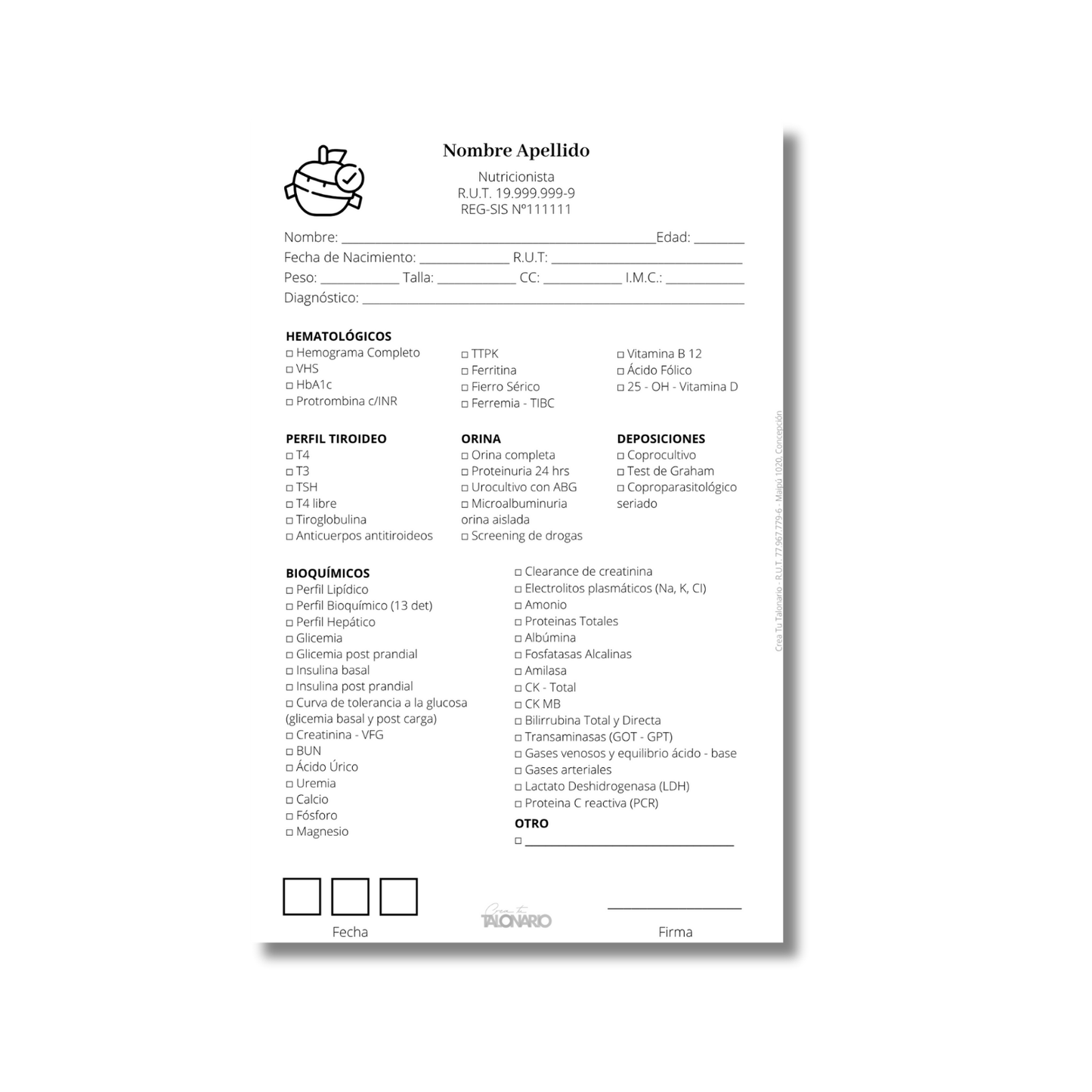 Talonario para nutricionistas diseño predeterminado - 100 hojas