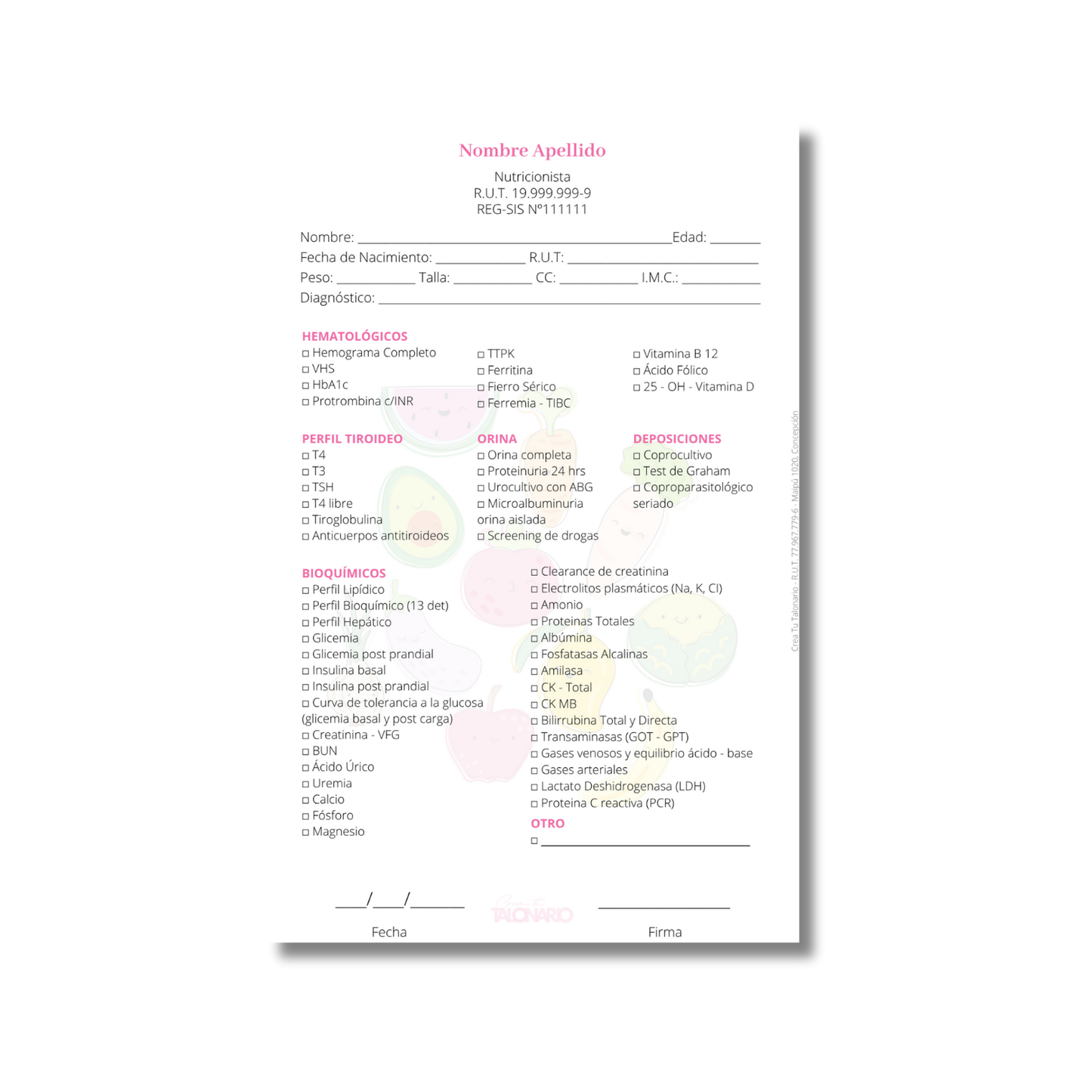 Talonario para nutricionistas diseño predeterminado - 100 hojas