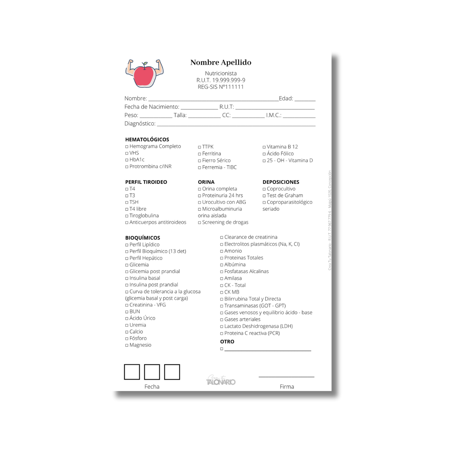 Talonario para nutricionistas diseño predeterminado - 100 hojas
