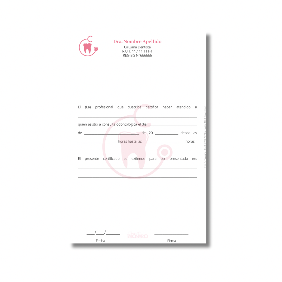 Talonario para odontólogos diseño predeterminado - 100 hojas