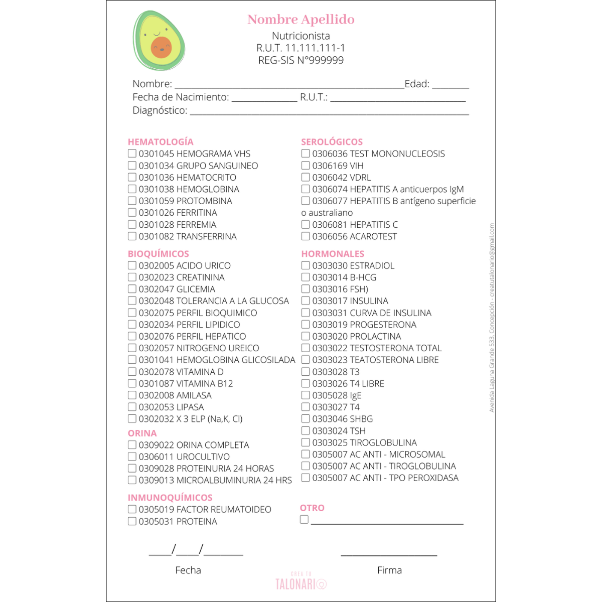 Talonario para Nutricionista personalizado - 100 hojas