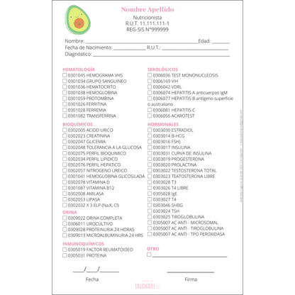 Talonario para Nutricionista personalizado - 100 hojas