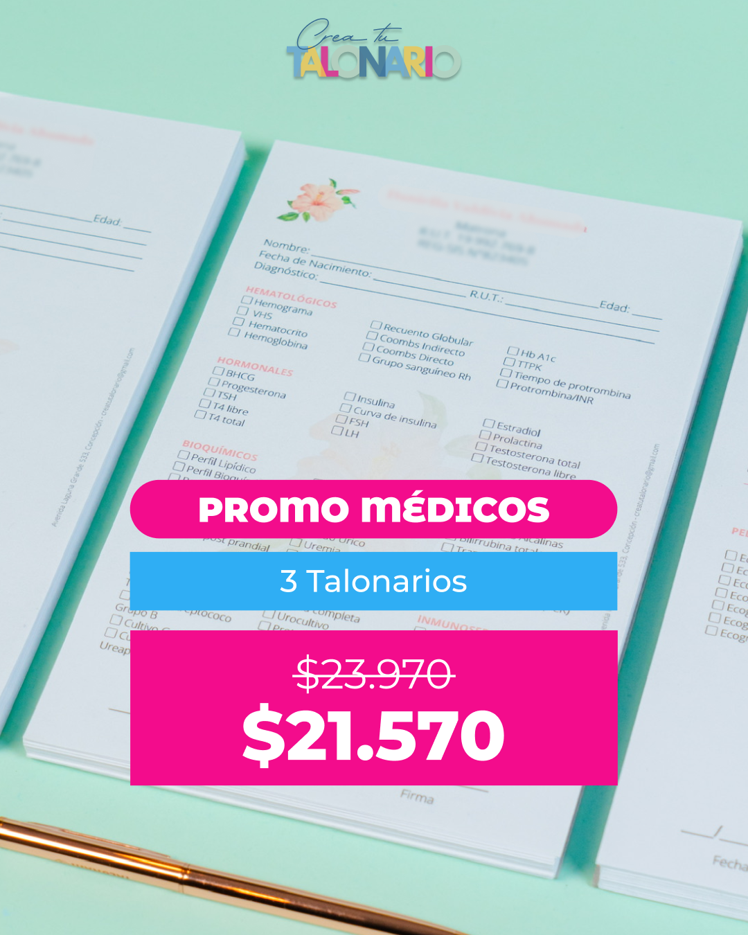 PROMO 3 Talonarios para médicos diseño predeterminado - 100 hojas - Tamaño Media Carta
