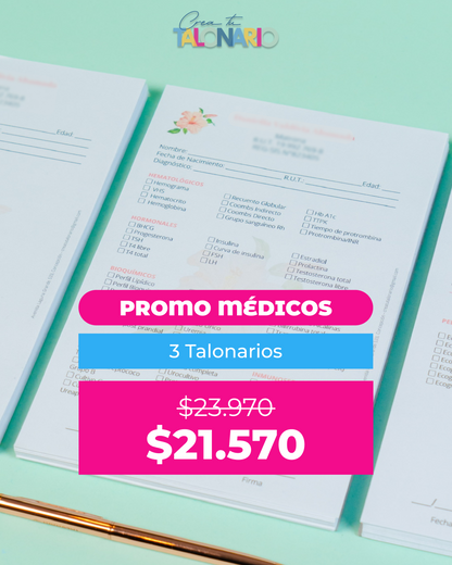 PROMO 3 Talonarios para médicos diseño predeterminado - 100 hojas - Tamaño Media Carta
