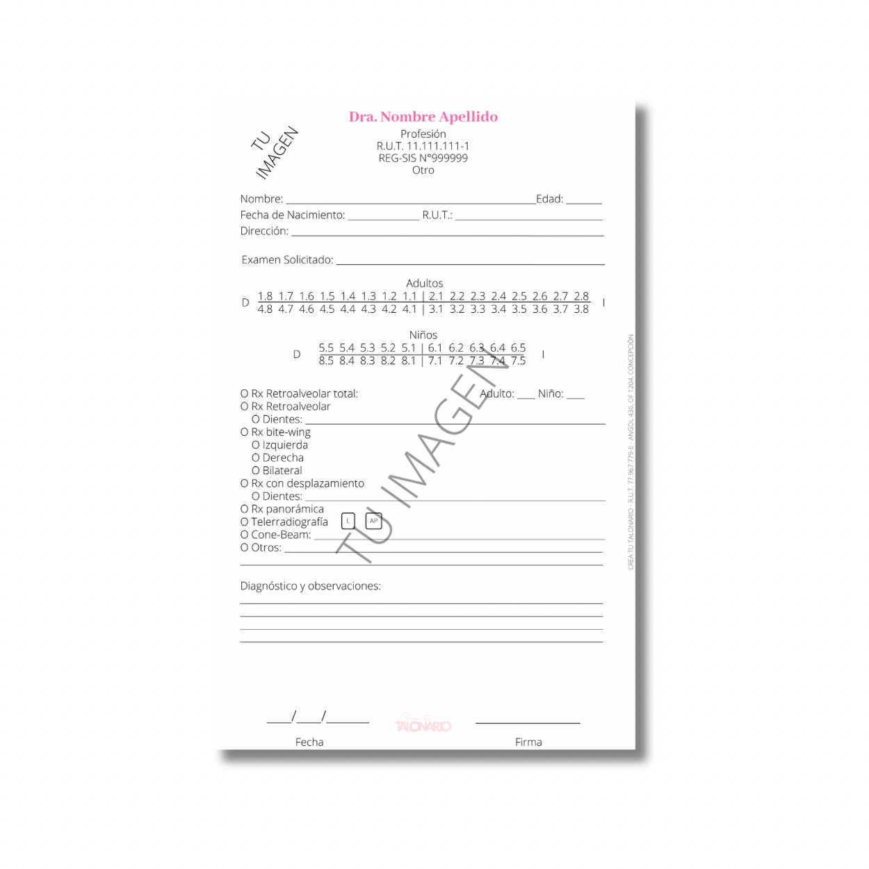 Talonario para Odontólogos personalizado - 100 hojas