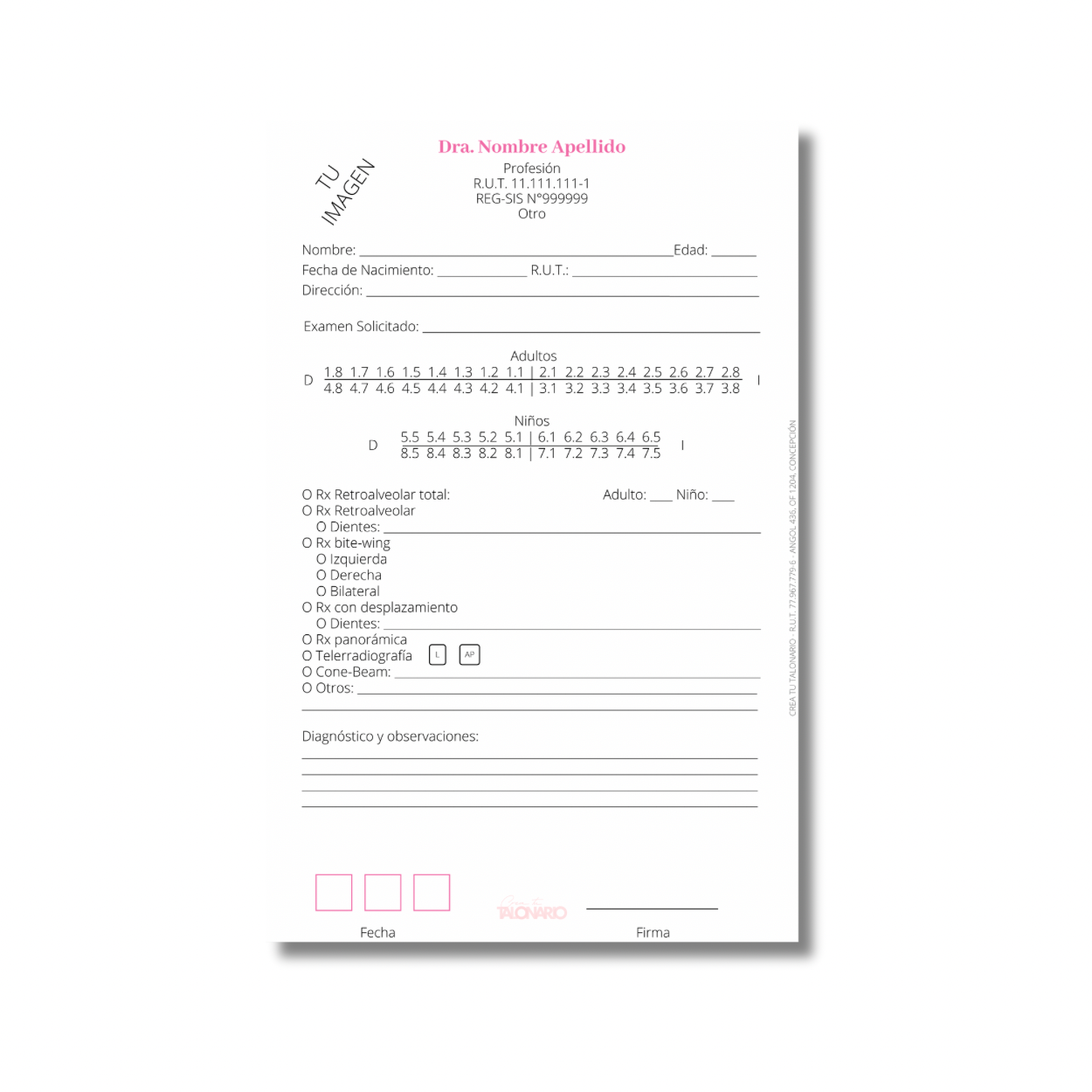 Talonario para Odontólogos personalizado - 100 hojas