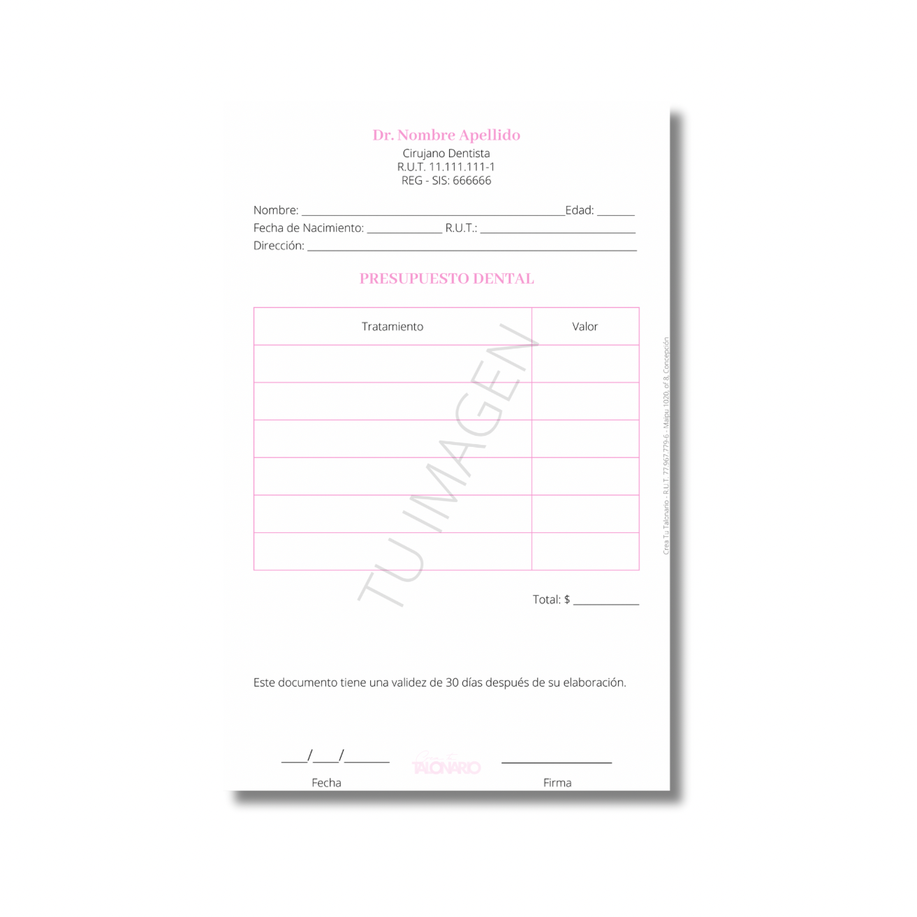 Talonario para Odontólogos personalizado - 100 hojas