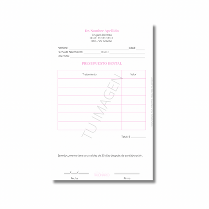 Talonario para Odontólogos personalizado - 100 hojas