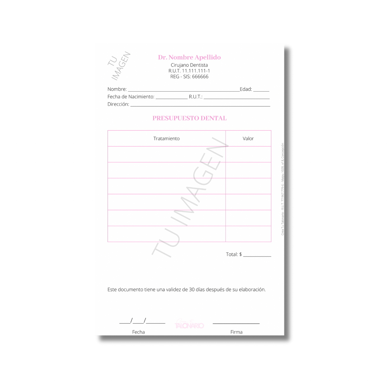 Talonario para Odontólogos personalizado - 100 hojas