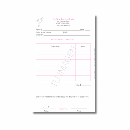 Talonario para Odontólogos personalizado - 100 hojas