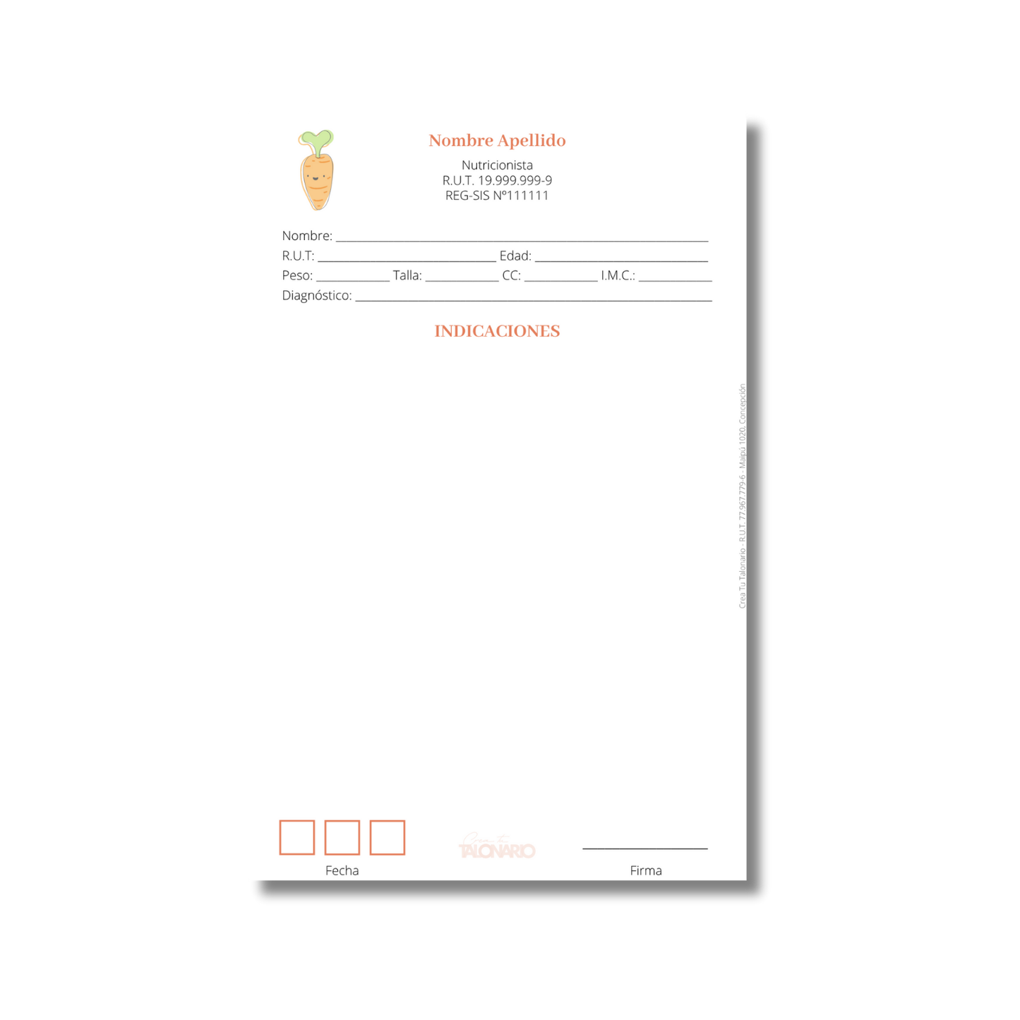 Talonario para nutricionistas diseño predeterminado - 100 hojas