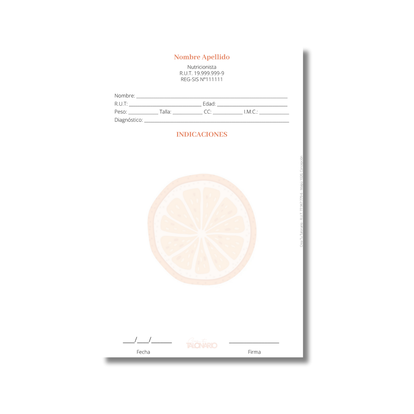 Talonario para nutricionistas diseño predeterminado - 100 hojas
