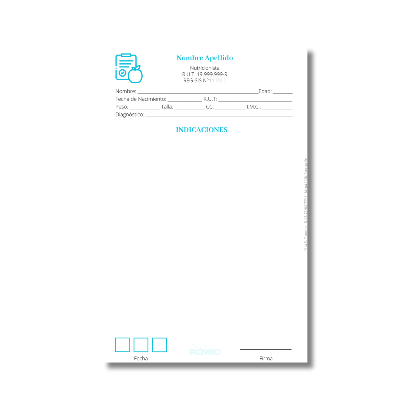 Talonario para nutricionistas diseño predeterminado - 100 hojas
