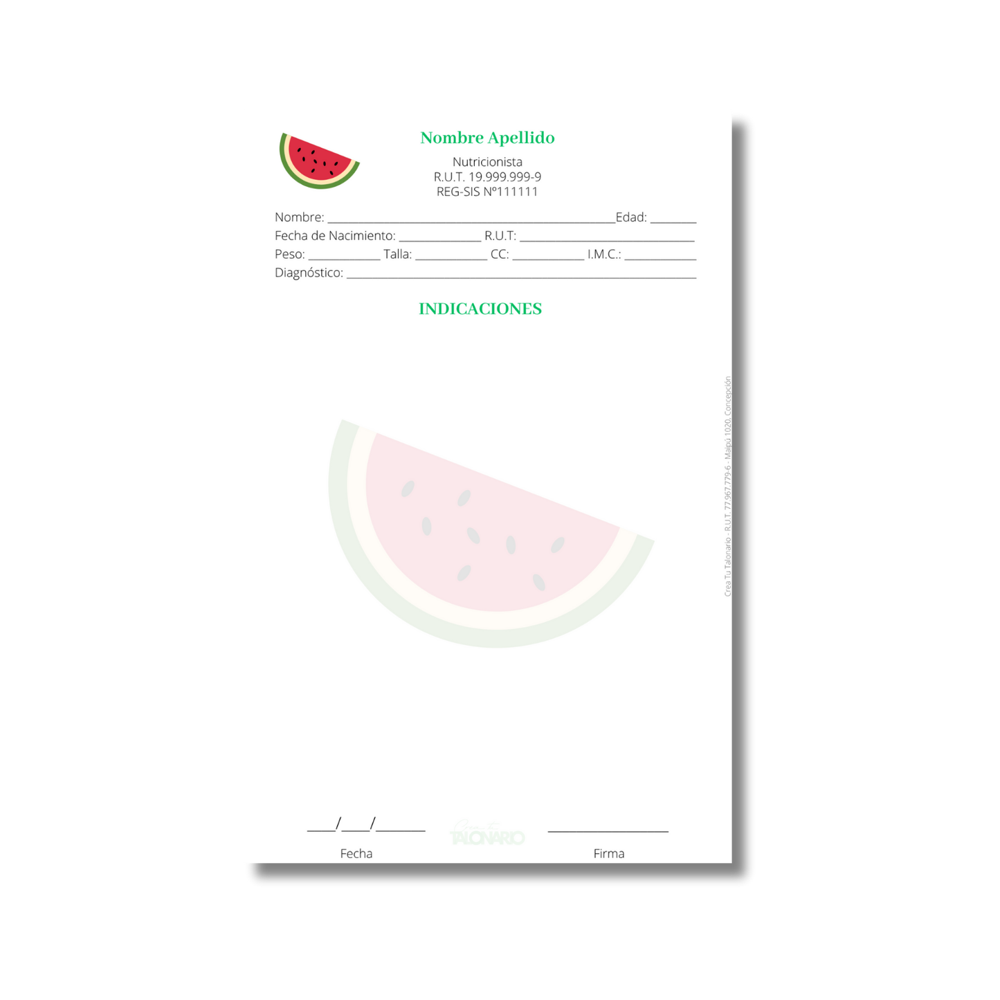 Talonario para nutricionistas diseño predeterminado - 100 hojas