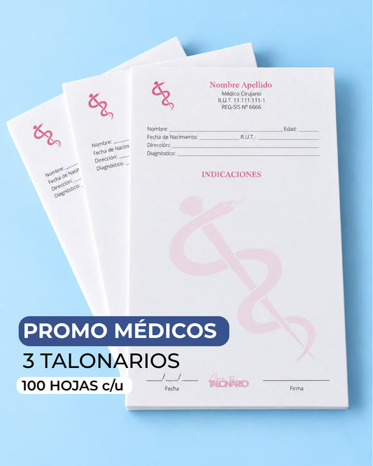PROMO 3 Talonarios para médicos diseño predeterminado - 100 hojas - Tamaño Media Carta