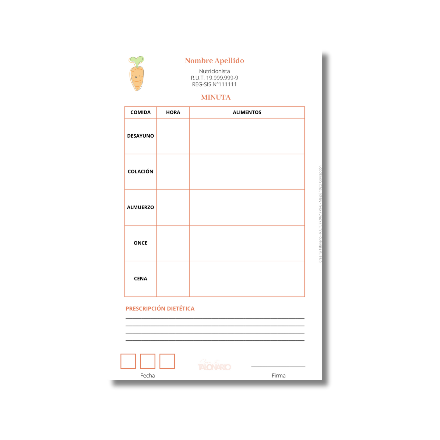 Talonario para nutricionistas diseño predeterminado - 100 hojas
