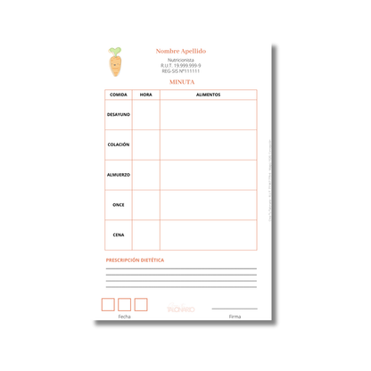 Talonario para nutricionistas diseño predeterminado - 100 hojas