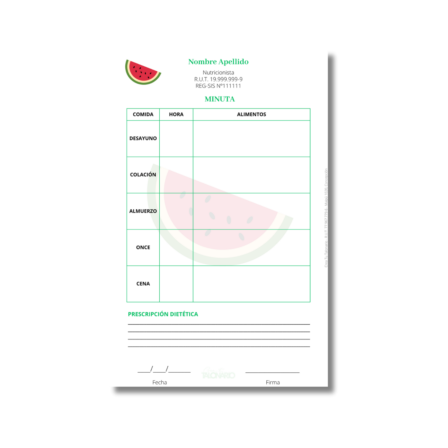 Talonario para nutricionistas diseño predeterminado - 100 hojas