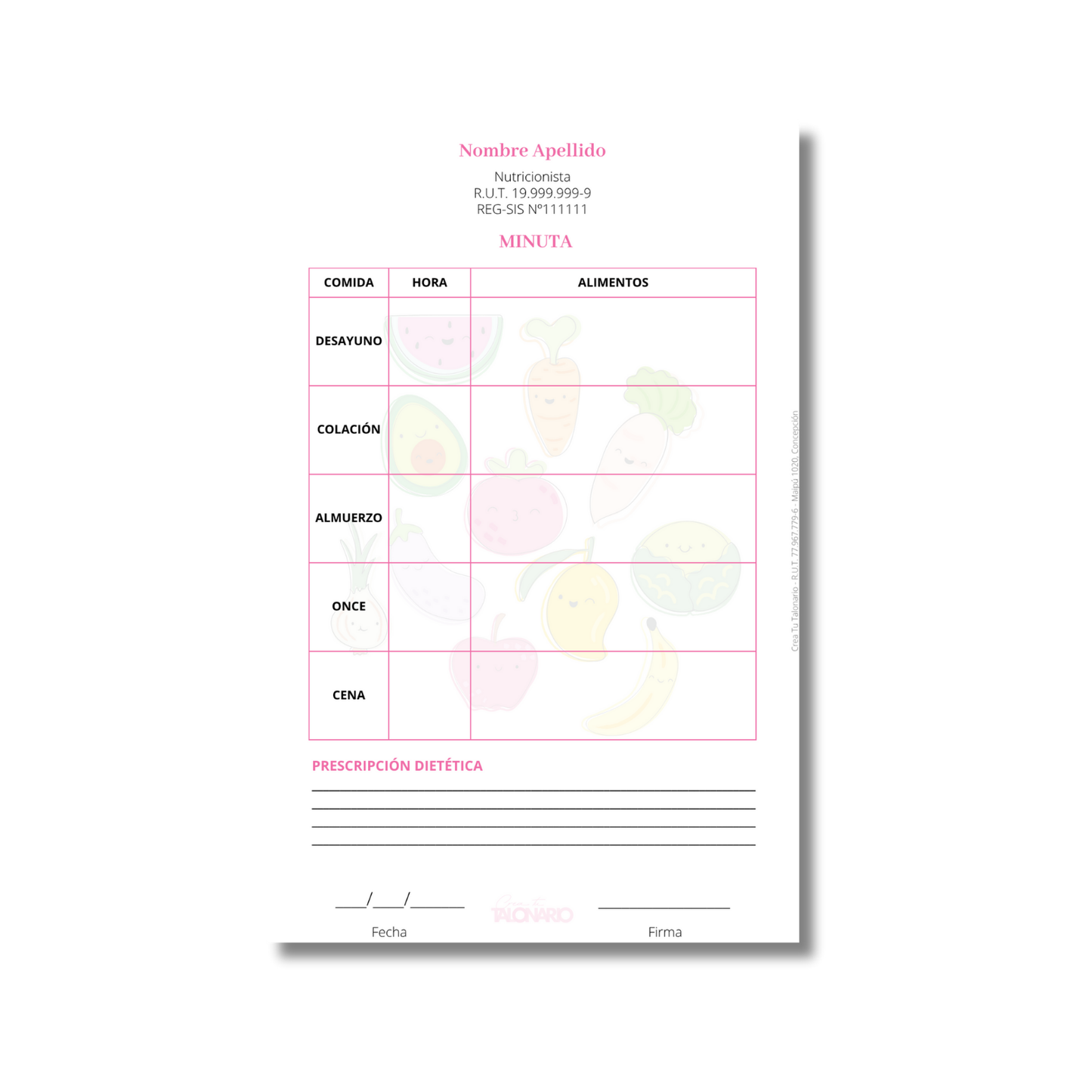 Talonario para nutricionistas diseño predeterminado - 100 hojas
