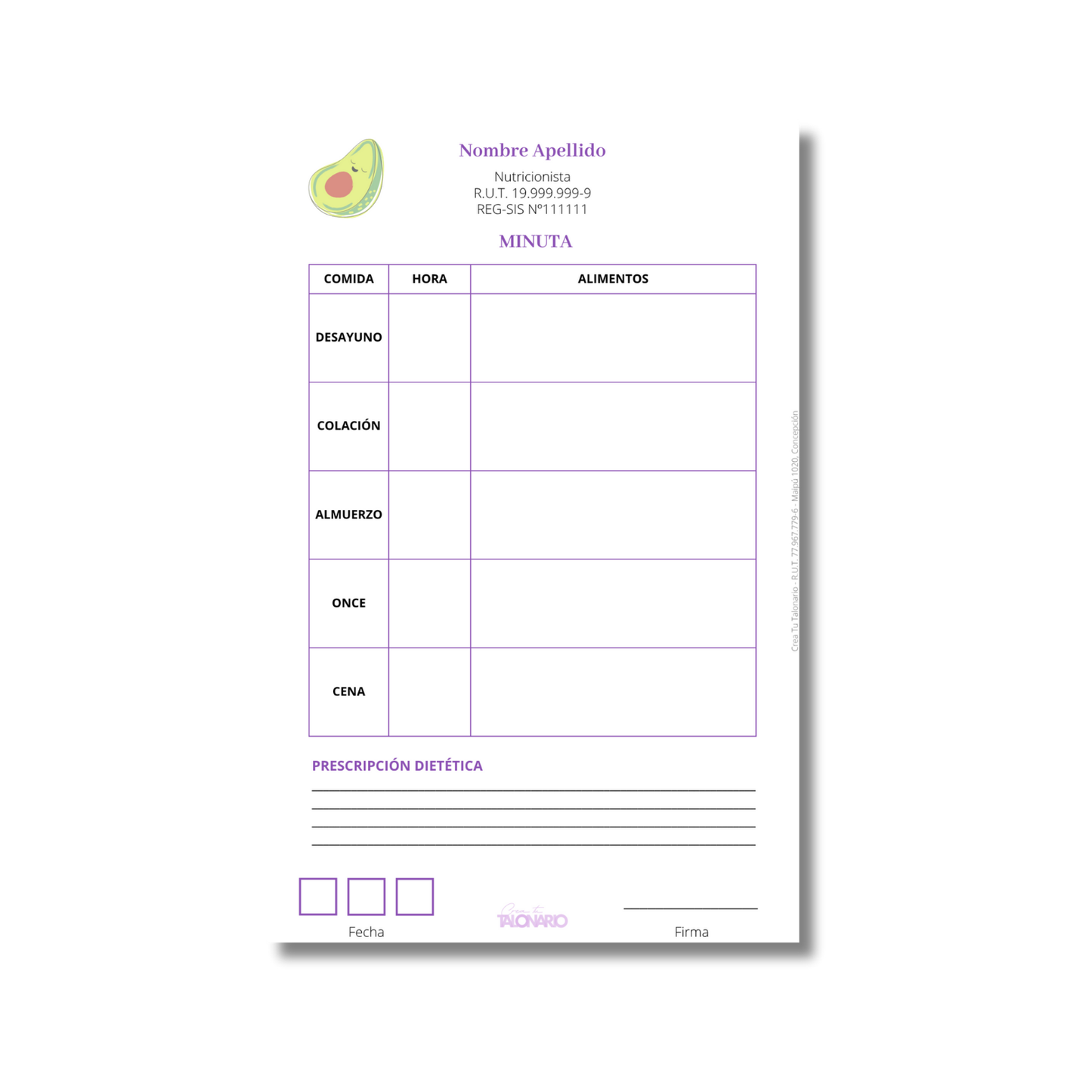 Talonario para nutricionistas diseño predeterminado - 100 hojas