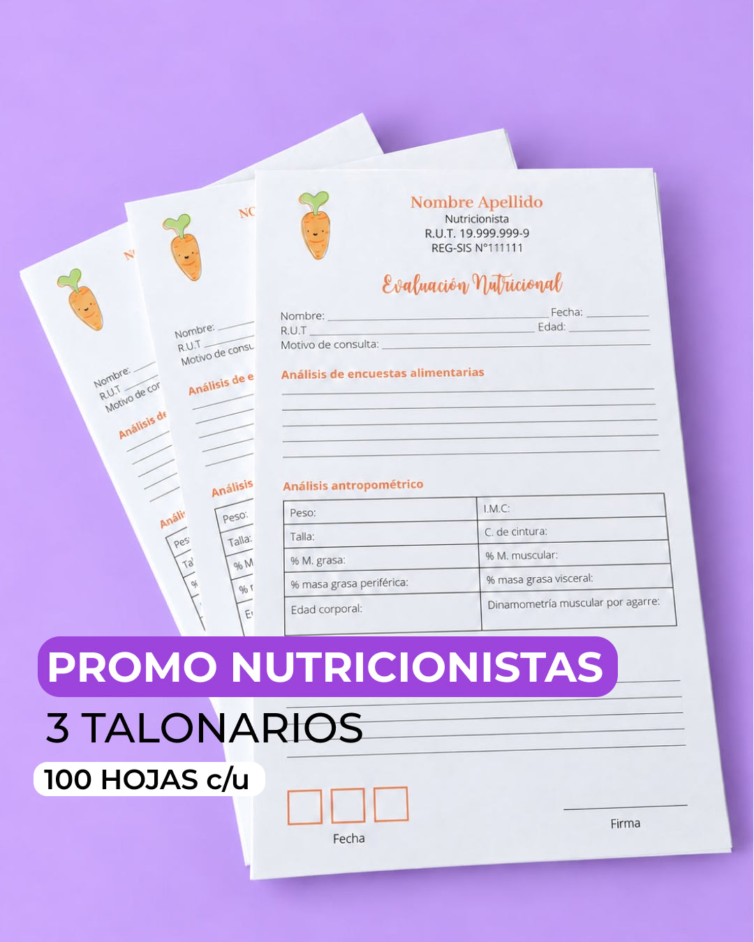 PROMO 3 Talonarios para nutricionistas diseño predeterminado - 100 hojas