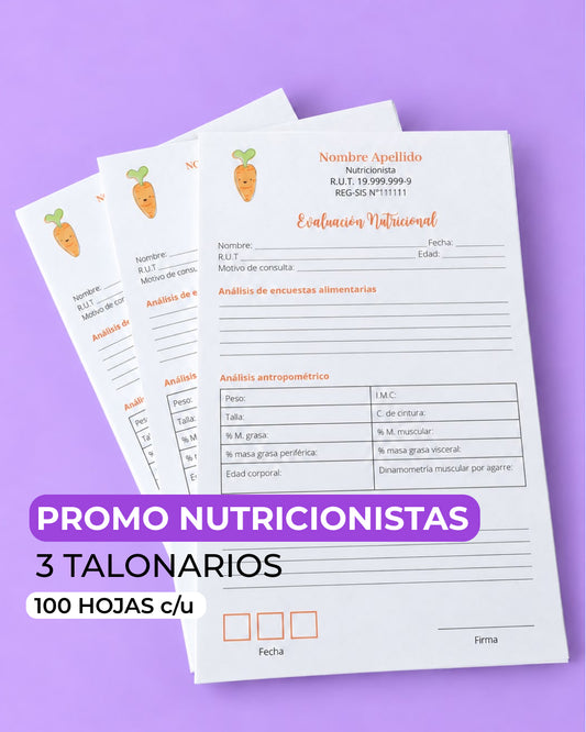 PROMO 3 Talonarios para nutricionistas diseño predeterminado - 100 hojas