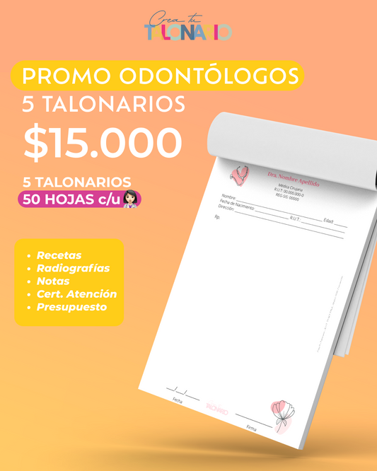 PROMO 5 Talonarios para odontólogos diseño predeterminado - 50 hojas