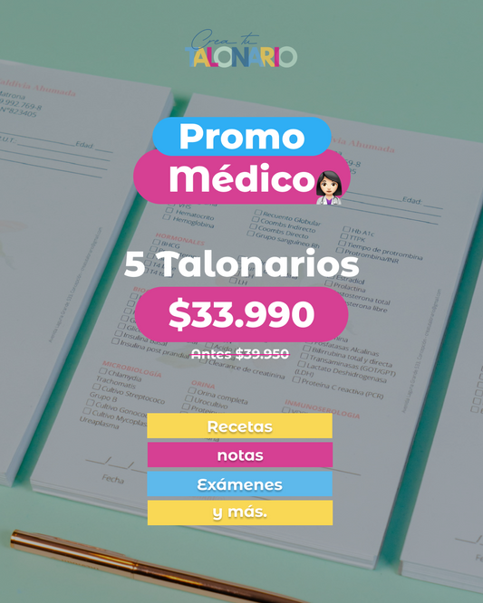 PROMO 5 Talonarios para médicos diseño predeterminado - 100 hojas - Tamaño Media Carta